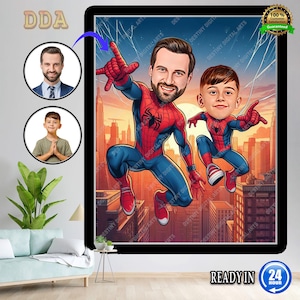 Spiderman Karikatur, männliche Superheldkarikatur, Superheld Spider-Man, Cartoon-Porträtgeschenk für Papa, benutzerdefinierte Cartoonkarikatur vom Foto