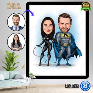 Personalisiertes Paar Superheld-Karikaturporträt, kundenspezifische Superheld-Karikaturzeichnung vom Foto, lustige Superheld-Karikatur, Geschenk für ihn