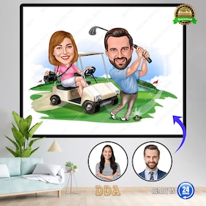 Golfer Couple Cartoon , Custom Caricature, Digital Caricature, Caricature From Photo, Golf Gift ,For Lover, Family, Friends.