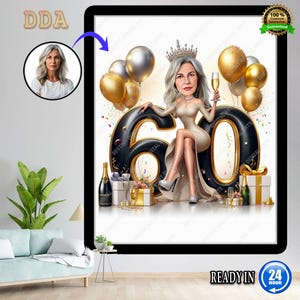 Caricatura de 60 cumpleaños: 60 mujeres vestidas de marrón claro con regalos, dígito de regalo de Black Sky, ideal para celebraciones. ¡Idea de regalo única!