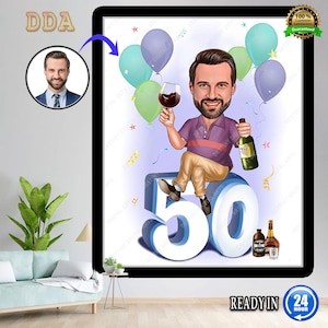 Personalisiertes 50er Jahre Cartoon Portrait | 50er Geburtstag Karikatur | Geburtstag Cartoon | Personalisierte Geburtstagsgeschenk | Geburtstag des Mannes | Lustiges Geschenk