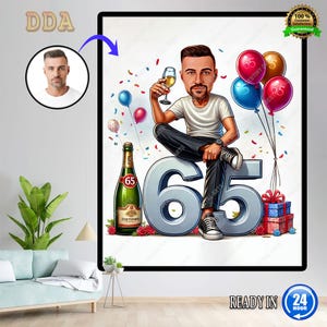 Ritratto personalizzato di un uomo per il 65° compleanno / Caricatura per il 65° compleanno / Fumetto di compleanno / Regalo di compleanno personalizzato / Compleanno dell'uomo / Regalo divertente