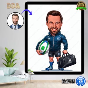 Lustige Rugby-Trainer-Karikatur, personalisierte Trainer-Karikaturporträt, lustige Rugby-Trainerkarikaturzeichnung vom Foto, Rugby-Trainergeschenk
