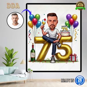 Ritratto personalizzato di un uomo per il 75° compleanno / Caricatura per il 75° compleanno / Fumetto di compleanno / Regalo di compleanno personalizzato / Compleanno dell'uomo / Regalo divertente