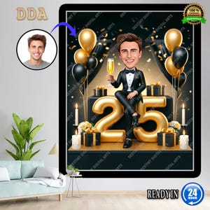 Retrato de desenho animado personalizado do 25º homem | Caricatura de 25º aniversário | Desenho animado de aniversário | Presente de aniversário personalizado | Aniversário do homem | Presente engraçado