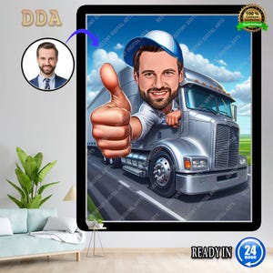 Gepersonaliseerde vrachtwagenchauffeur cartoonportret, aangepaste karikatuur tekening vrachtwagenchauffeur van foto, grappige vrachtwagenchauffeur, cadeau voor tankchauffeur