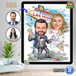 Personalized Married Couple in Vegas Cartoon Custom Caricature Las Vegas Marriage Caricature, Digital Caricature Wedding Day Gift From Photo