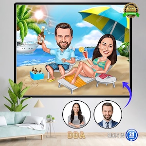 Custom Beach Couple Portrait, Couple Portrait, Couple Gift, Couple Caricature, Custom Caricature, Caricature from Photo, Couple Cartoon