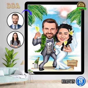 Love Day Beach Couple Caricature Wedding Enjoying Happy Married Male Female Romantic Partner Unique Celebration Memorable Date Digital Gift