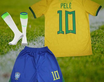 Pele Brasil Kinder Fußball-Trikot-Kit | Nr. 22 Home Edition | Jersey Shorts Socken | Fußballuniform Jugendgrößen | Geschenk für Kinder Neffe Enkelkinder