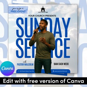 May include: A promotional graphic for a Sunday Service event. The design features a man speaking into a microphone, with the words "SUNDAY SERVICE" in large blue letters. Additional text includes "Pastor Malcolm" and "9AM Each Week". The Canva logo is visible.