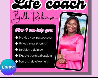 DIY Life Coach Flyer | Business Brochure Design Template | Custom Editable  | Canva Free DIY Social Media Coaching Feminine Girly Instagram