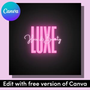 Peut inclure: Enseigne au néon rose avec le mot "LUXE" en lettres grasses et les mots "Hair & Beauty" en écriture cursive en dessous.