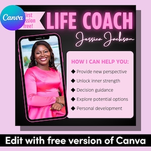 May include: A pink and black graphic with the text "LIFE COACH Jessica Jackson" and a photo of a woman in a pink dress. The text "HOW I CAN HELP YOU:" is followed by a list of services: "Provide new perspective", "Unlock inner strength", "Decision guidance", "Explore potential options", and "Personal development".