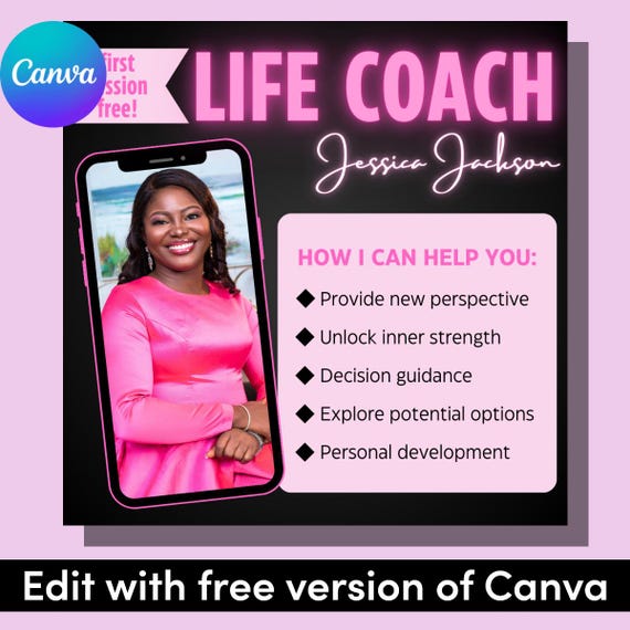 DIY Life Coach Flyer | Business Brochure Design Template | Custom Editable  | Canva Free DIY Social Media Coaching Feminine Girly Instagram