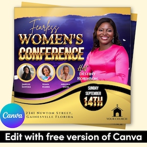 May include: A promotional flyer for the Fearless Women's Conference, featuring a woman in a pink dress. The flyer includes the text "Fearless Women's Conference" in gold lettering, along with the host's name, Destiny Robinson, and the date, September 14th.