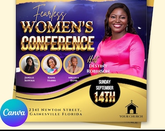 Könnte beinhalten: Werbeflyer für die Fearless Women's Conference mit einer Frau in einem rosa Kleid. Der Flyer enthält den Text "Fearless Women's Conference" in goldfarbenen Buchstaben sowie den Namen der Gastgeberin, Destiny Robinson, und das Datum 14. September.