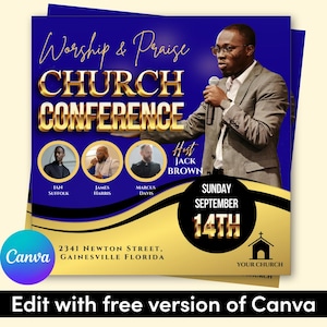 May include: A blue and gold Church Conference flyer with the text "Worship & Praise CHURCH CONFERENCE". It features images of three speakers, the host Jack Brown, and the date, Sunday, September 14th. The Canva logo is visible.