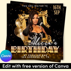 May include: Black and gold birthday invitation featuring a woman in a decorative gold frame. The invitation includes the text "Alicia's Birthday" in gold lettering, along with the date, location, and "Edit with free version of Canva."