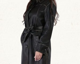 Long Length Vintage Black Genuine Leather Duster Coat for Women: Distressed Real Leather Trench Coat for Women