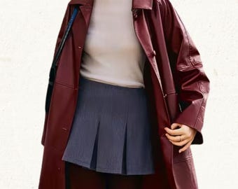 Women's Elegant Burgundy Genuine Leather Coat: Real Leather Trench Coat Women, Leather Duster