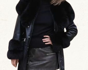 Women's Shearling Short Length Genuine Leather Coat : Real Leather Coat for Women with Belt, Faux Fur Trim Long Leather Jacket Women