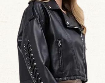 Cropped Genuine Leather Biker Jacket: Drop Shoulder Moto Jacket