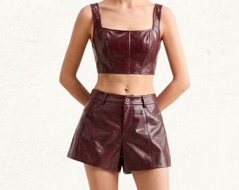 Black/Burgundy Genuine Leather Biker Shorts and Top Set for Women: Custom Leather Outfits