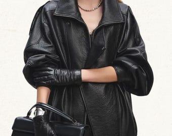 Oversized echt leren dames bikerjack in vintage stijl