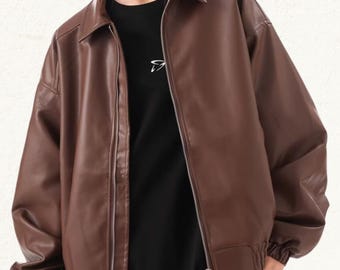 Zwart/bruin vintage oversized echt leren bikerjack voor dames