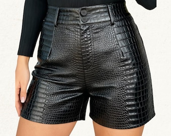 Damshorts i äkta läder med krokodilprägling, svarta, specialdesignade lädershorts för kvinnor och flickor, klubbkläder i läder