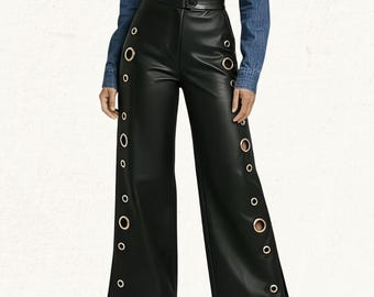 Women's High Waisted Genuine Leather Wide-Leg Pants with Eyelet Cutout Details: Custom Real Leather Tailored Trousers for Women