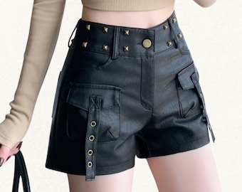 Women's Genuine Leather Biker Shorts with Studs: Punk Leather Shorts for Women & Girls