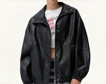 Oversized Genuine Leather Biker Jacket: Customizable Women's Moto Style Jacket