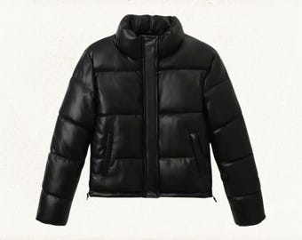 Women's Quilted Genuine Leather Puffer Jacket: Winter Jackets Women, Stand Collar Jacket