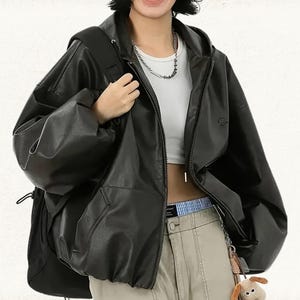 Oversized Genuine Leather Hooded Jacket - Y2K Style