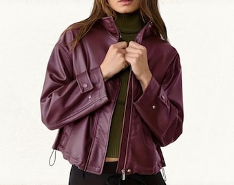 Women's Burgundy Genuine Leather Motorcycle Jacket