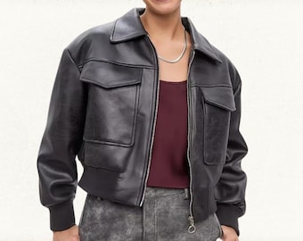 Cropped Genuine Leather Biker Jacket: Vintage-Inspired Women's Moto Jacket
