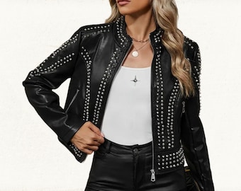 Studded Genuine Leather Biker Jacket - Women's Motorcycle Jacket