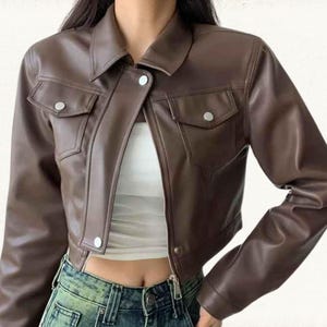Women&#39;s Black/Brown Cropped Genuine Leather Jacket, Genuine Leather Jacket Women, Biker Leather Jacket for Women, Real Leather Jacket Women