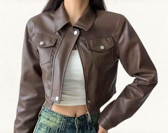 Women's Black/Brown Cropped Genuine Leather Jacket, Genuine Leather Jacket Women, Biker Leather Jacket for Women, Real Leather Jacket Women