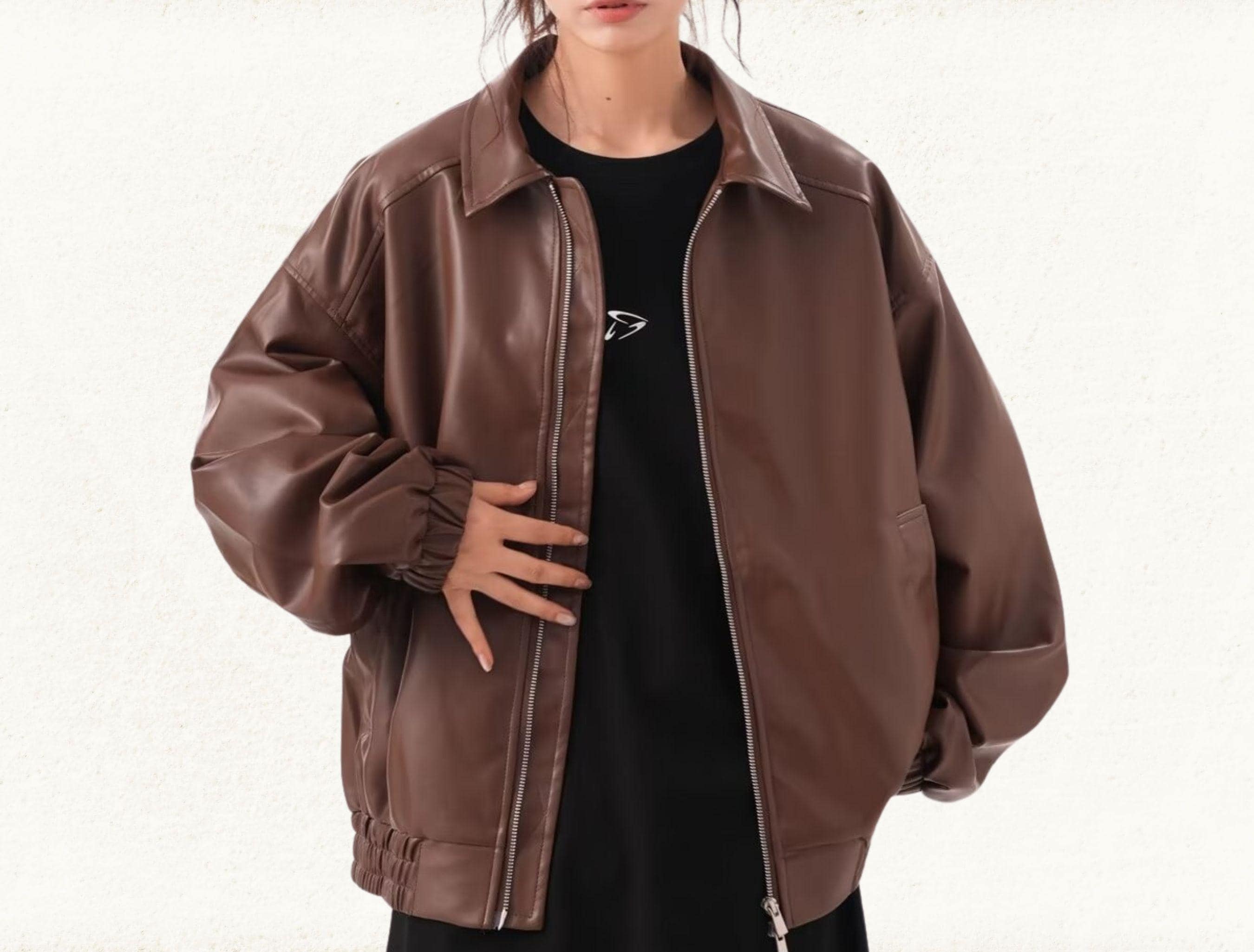 Women's Black/brown Vintage Oversized Genuine Leather Biker Jacket