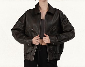 Women's Oversized Vintage Style Genuine Leather Biker Jacket, Women's Retro Motorcycle Jacket
