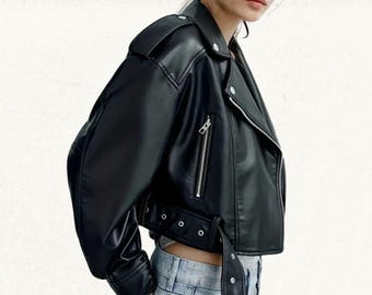 Cropped Genuine Leather Biker Jacket: Drop Shoulder Moto Style