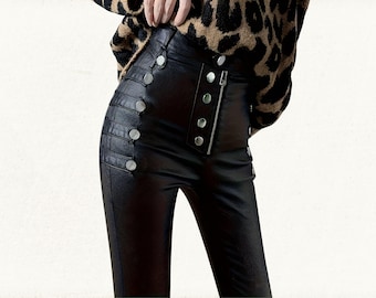 Women's Genuine Leather High Waisted Skinny Pants for Women: Custom Real Leather Tailored Tights for Women