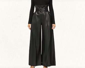 High-Waisted Wide-Leg Genuine Leather Pants for Women: Custom Real Leather Palazzo Pants Women