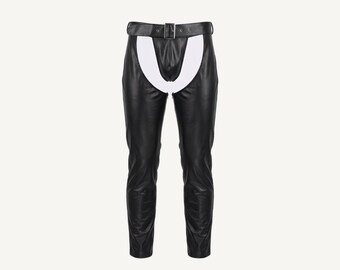 Men's Fetish Black Genuine Leather Chaps, Sexy Leather Pants with Open-Crotch (Includes Thong) for Men, Leather Cosplay Men