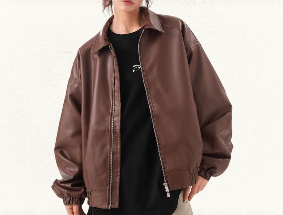 Women's Black/brown Vintage Oversized Genuine Leather Biker Jacket