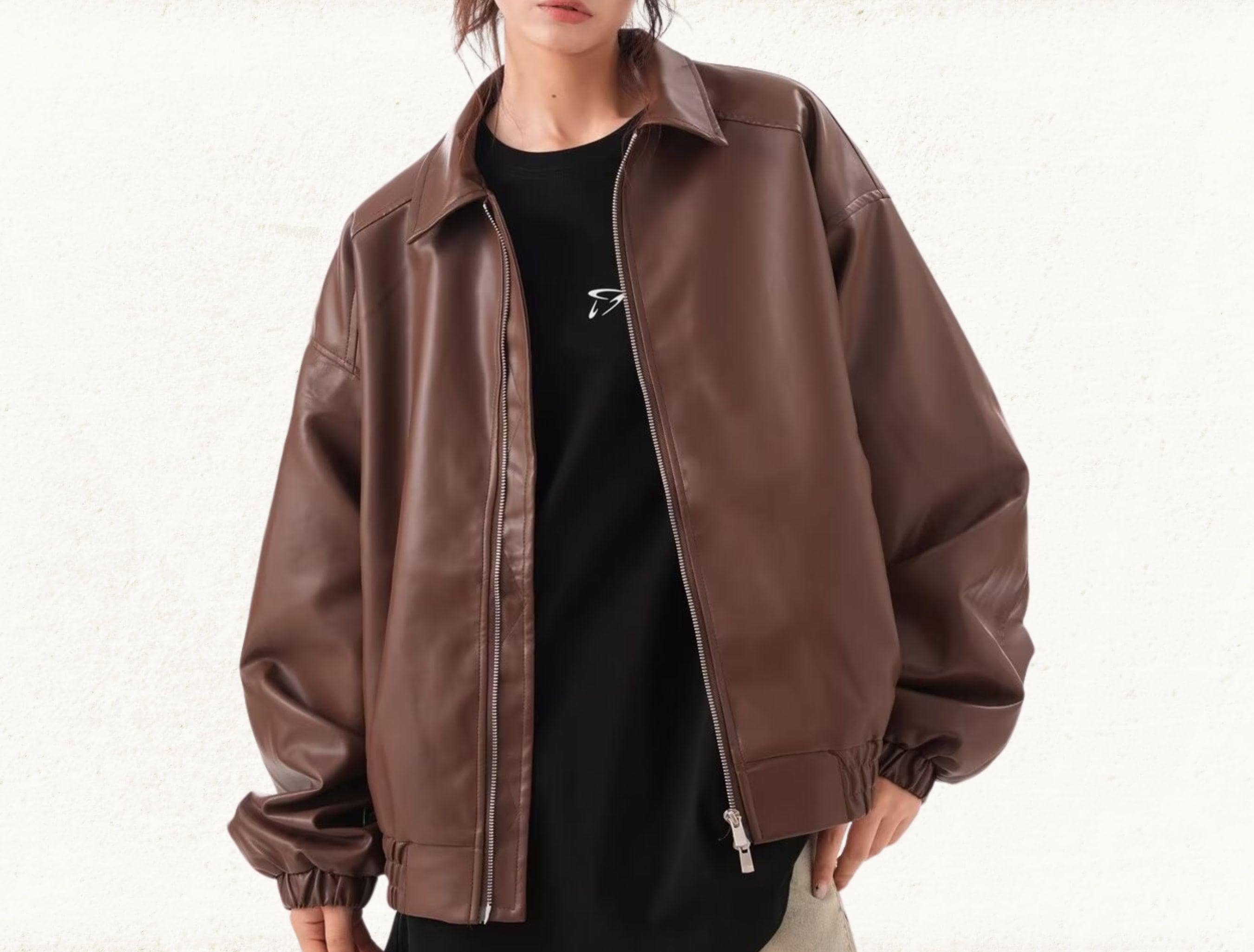 Women's Black/brown Vintage Oversized Genuine Leather Biker Jacket