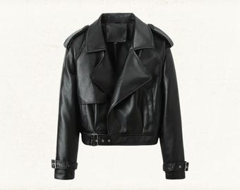 Cropped Genuine Leather Biker Jacket: Lapel Collar, Adjustable Straps